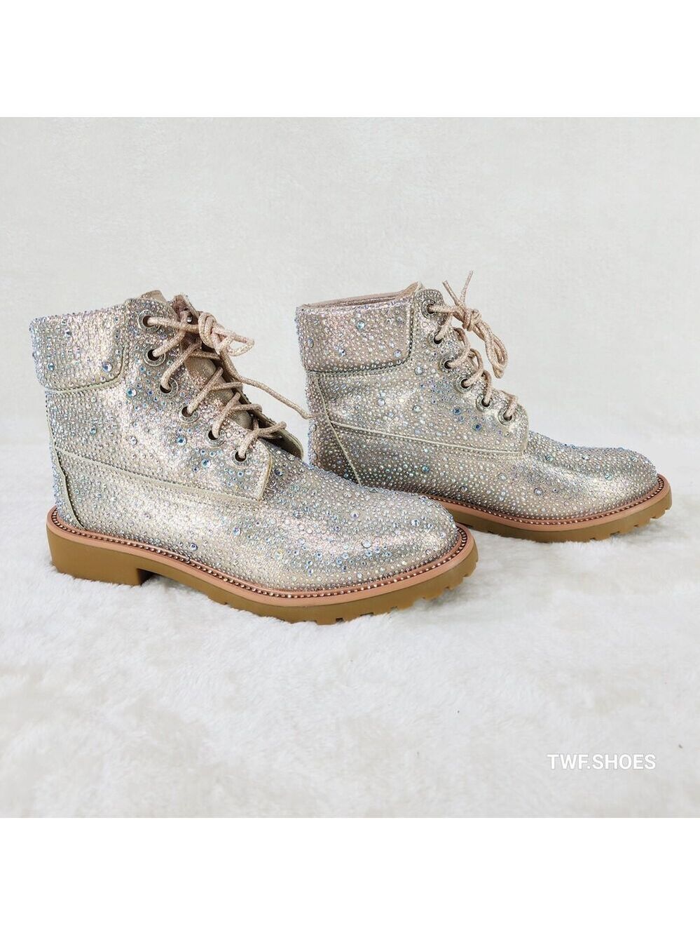 NIB Wonder Sparkling Rhinestone Combat Ankle Boots Metallic Rose Gold Champagne - Picture 8 of 12